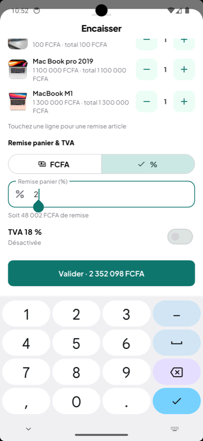 Encaissement avec remise et total