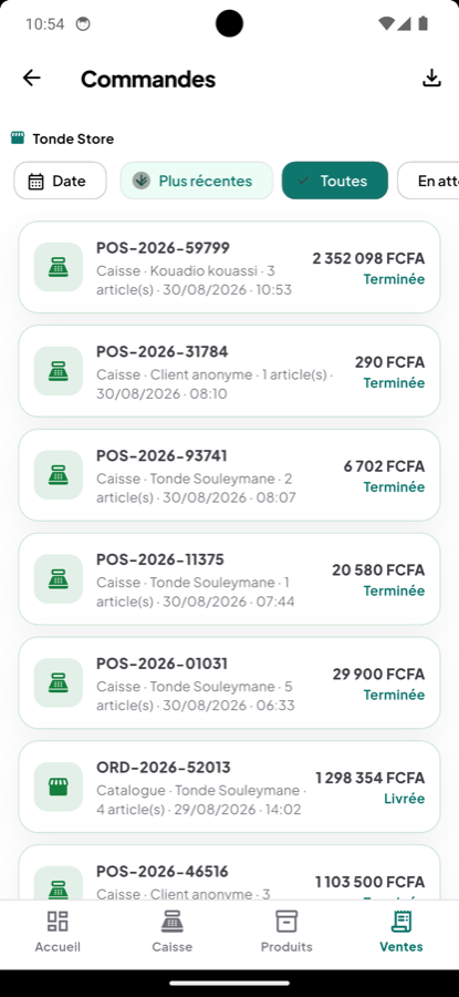 Liste des ventes du jour
